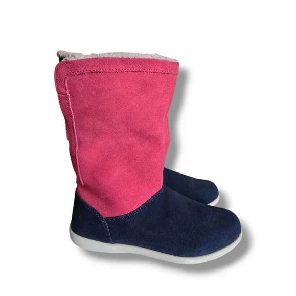 CROCS Women's Adela Foldover Fuzz Suede Booties Pink Poppy/Yellow Stucco/Navy - Picture 6 of 16
